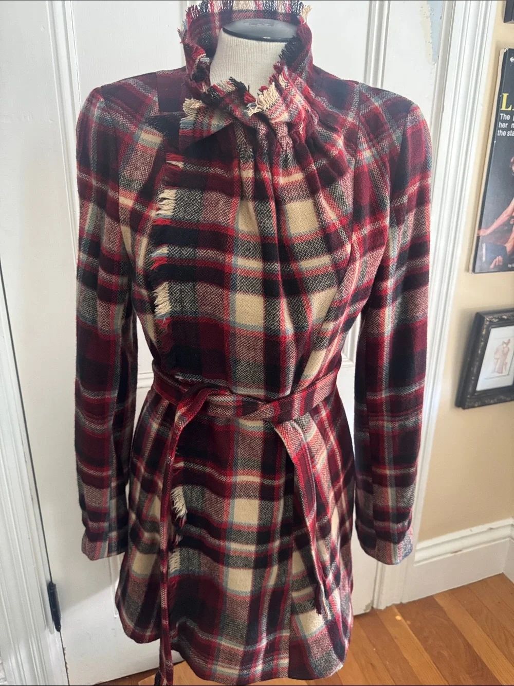 Plaid Wool Red and Cream Tie-Waist Dress Anthropologie